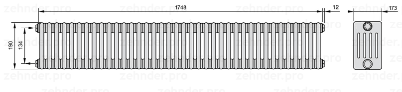 Схема (чертеж) Радиатор Zehnder Charleston 5019/38 №1270 Белый глянцевый RAL 9016